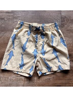 Rugged Butts Boys' Shark Print Swim Trunks Beige and Blue Size 4T